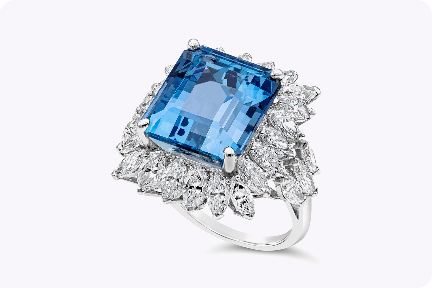 11.48 Carat Emerald Cut Aquamarine & Diamond Halo Cocktail Ring in Platinum