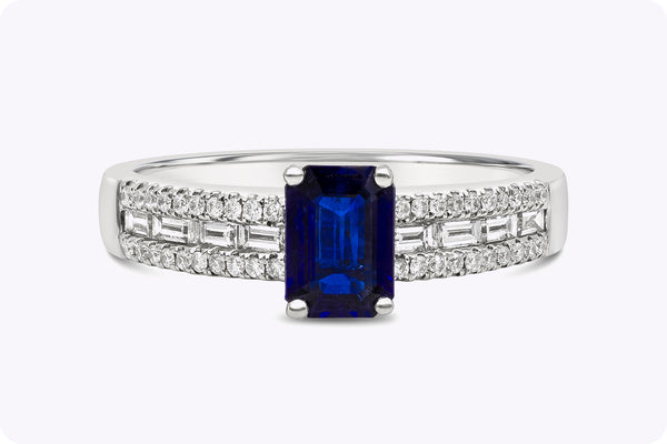 0.80 Carat Baguette Cut Blue Sapphire & Diamond Pavé Engagement Ring in White Gold