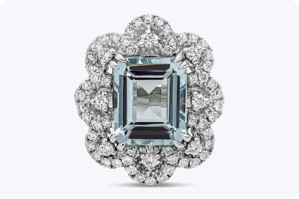 5.37 Carats Emerald Cut Aquamarine & Diamond Flower Cocktail Ring in White Gold