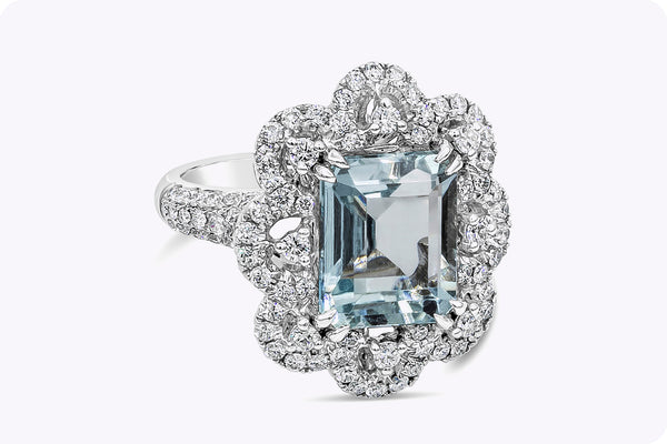 5.37 Carats Emerald Cut Aquamarine & Diamond Flower Cocktail Ring in White Gold