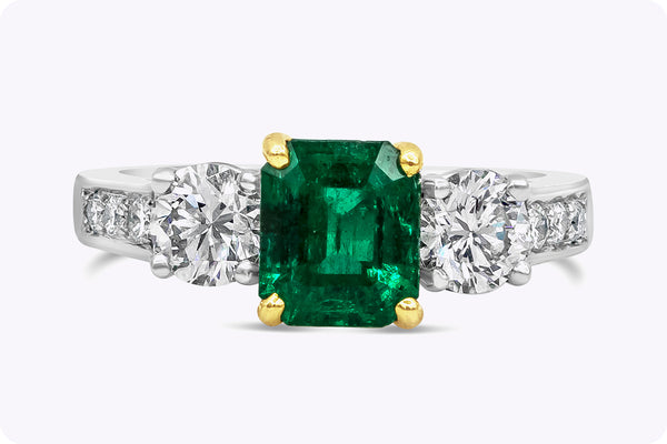 1.27 Carats Radiant Cut Emerald & Diamond Three-Stone Engagement Ring in Yellow Gold & Platinum