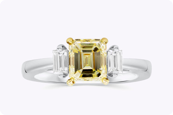 GIA Certified 1.63 Carats Emerald Cut Yellow Diamond Three-Stone Engagement Ring in Yellow Gold & Platinum