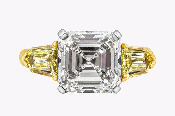 GIA Certified 5.05 Carats Asscher Cut Diamond Three-Stone Engagement Ring in Yellow Gold