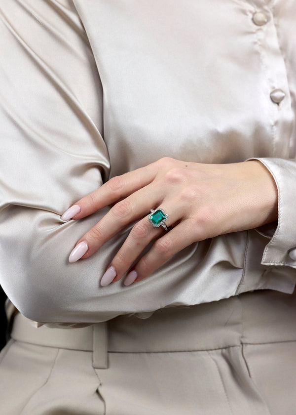 4.58 Carats Emerald Cut Emerald & Diamond Halo Engagement Ring in White Gold