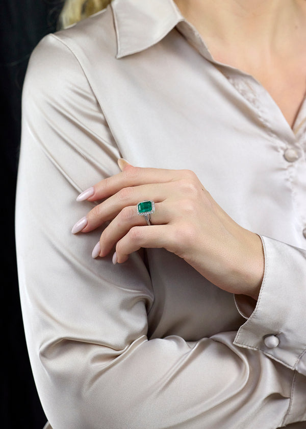 4.58 Carats Emerald Cut Emerald & Diamond Halo Engagement Ring in White Gold