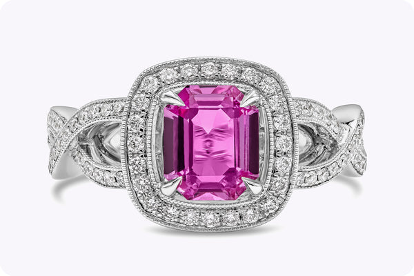 1.12 Carats Emerald Cut Pink Sapphire & Diamond Halo Engagement Ring in White Gold