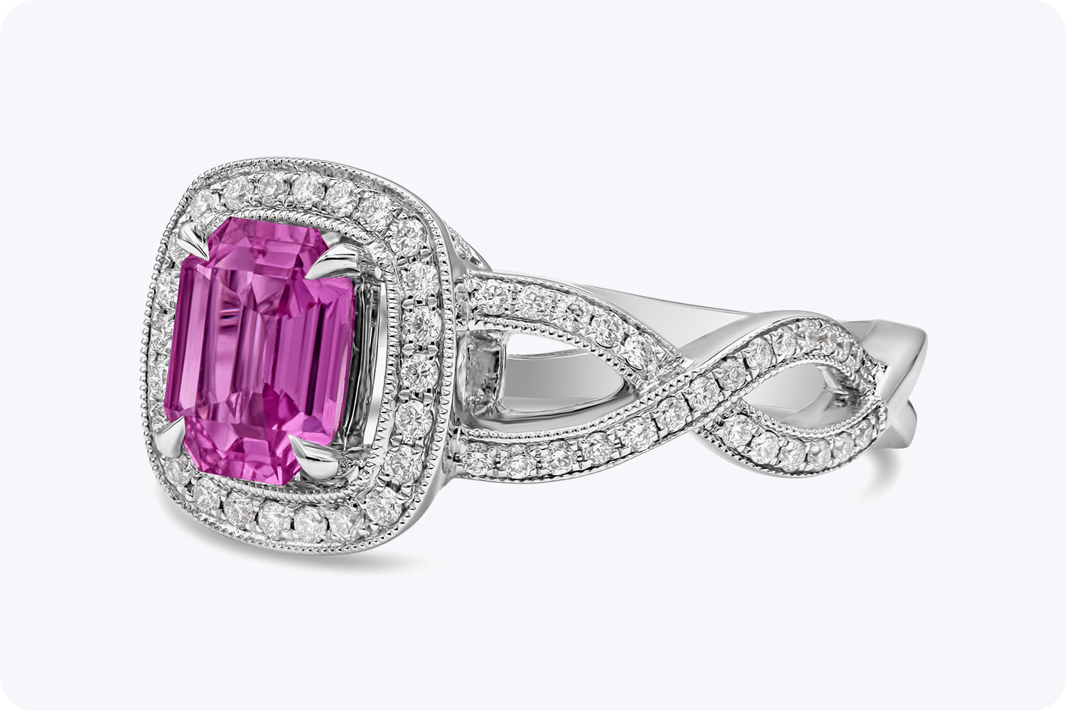 1.12 Carats Emerald Cut Pink Sapphire & Diamond Halo Engagement Ring in White Gold