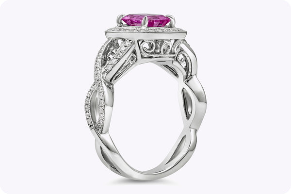 1.12 Carats Emerald Cut Pink Sapphire & Diamond Halo Engagement Ring in White Gold