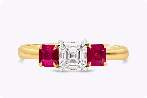 1.56 Carats Total Asscher Cut Diamond & Ruby Three-Stone Engagement Ring in Yellow Gold