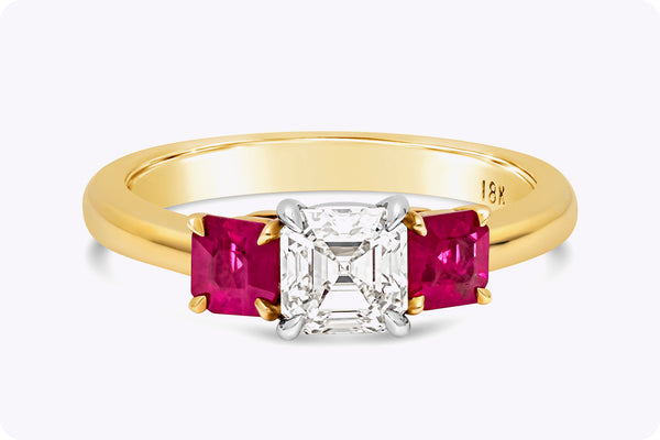 1.56 Carats Total Asscher Cut Diamond & Ruby Three-Stone Engagement Ring in Yellow Gold