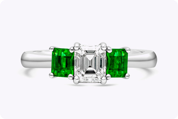 GIA Certified 0.71 Carat Emerald Cut Diamond & Emerald Three-Stone Engagement Ring in Platinum