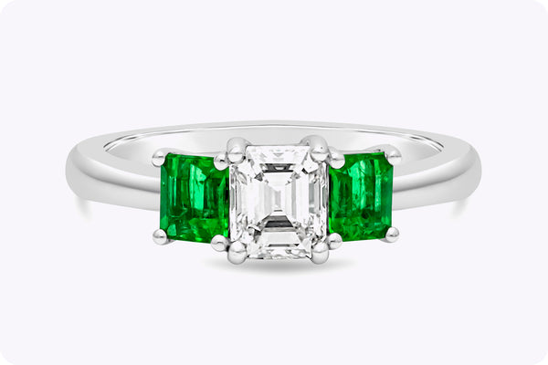 GIA Certified 0.71 Carat Emerald Cut Diamond & Emerald Three-Stone Engagement Ring in Platinum