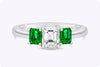 GIA Certified 0.71 Carat Emerald Cut Diamond and Green Emerald Three-Stone Engagement Ring in Platinum