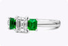 GIA Certified 0.71 Carat Emerald Cut Diamond and Green Emerald Three-Stone Engagement Ring in Platinum
