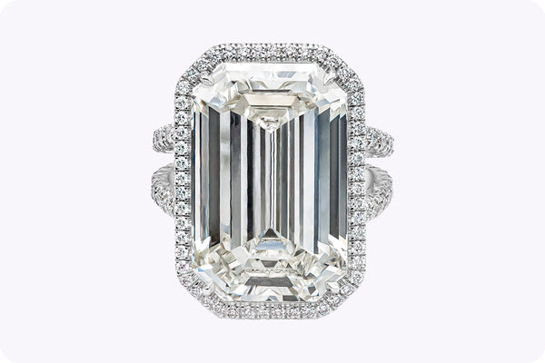 GIA Certified 20.21 Carats Emerald Cut Diamond Halo Engagement Ring in Platinum