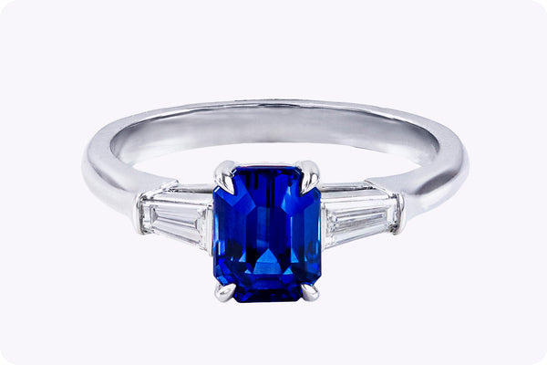 1.78 Carats Emerald Cut Blue Sapphire & Diamond Three-Stone Engagement Ring in Platinum