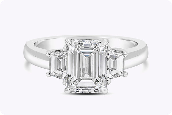 GIA Certified 2.12 Carats Emerald Cut Diamond Three-Stone Engagement Ring in Platinum