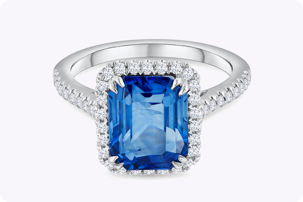 4.88 Carats Emerald Cut Blue Sapphire & Diamond Halo Engagement Ring in White Gold