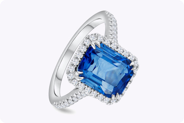 4.88 Carats Emerald Cut Blue Sapphire & Diamond Halo Engagement Ring in White Gold