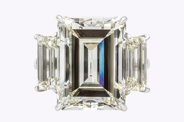 GIA Certified 14.18 Carats Emerald Cut Diamond Three-Stone Engagement Ring in Platinum