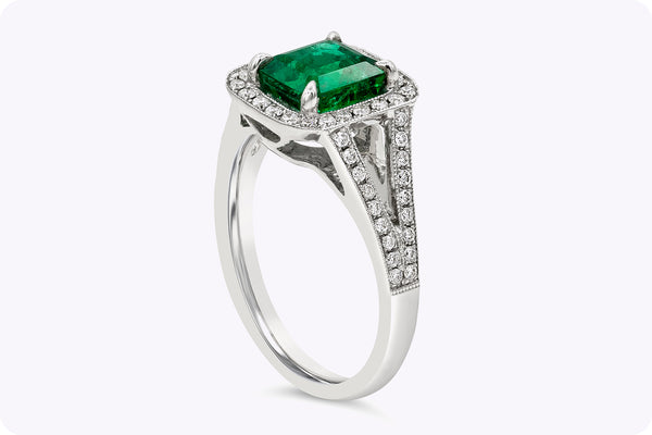 1.68 Carats Emerald Cut Emerald & Diamond Halo Engagement Ring in White Gold