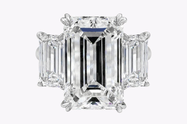 GIA Certified 9.82 Carats Emerald Cut Diamond Three-Stone Engagement Ring in Platinum