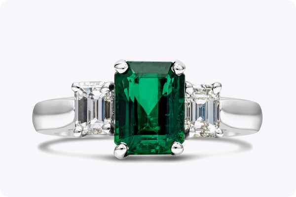 1.78 Carats Emerald Cut Emerald & Diamond Three-Stone Engagement Ring in Platinum