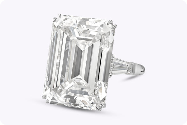 GIA Certified 25.32 Carats Emerald Cut Diamond Three-Stone Engagement Ring in Platinum