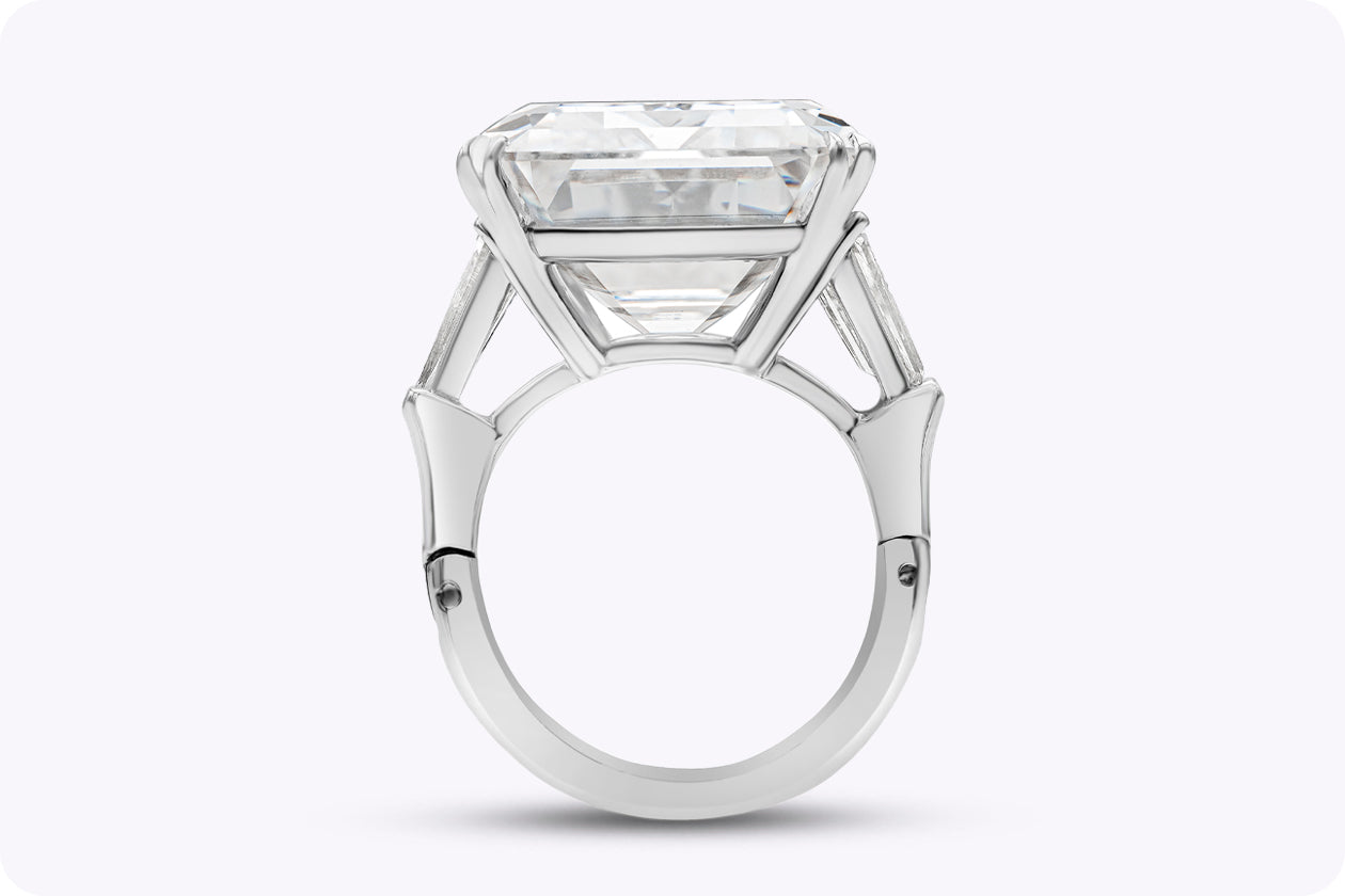 GIA Certified 25.32 Carats Emerald Cut Diamond Three-Stone Engagement Ring in Platinum