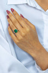 3.84 Carats Emerald Cut Green Emerald & Diamond Three Stone Engagement Ring in Yellow Gold & Platinum