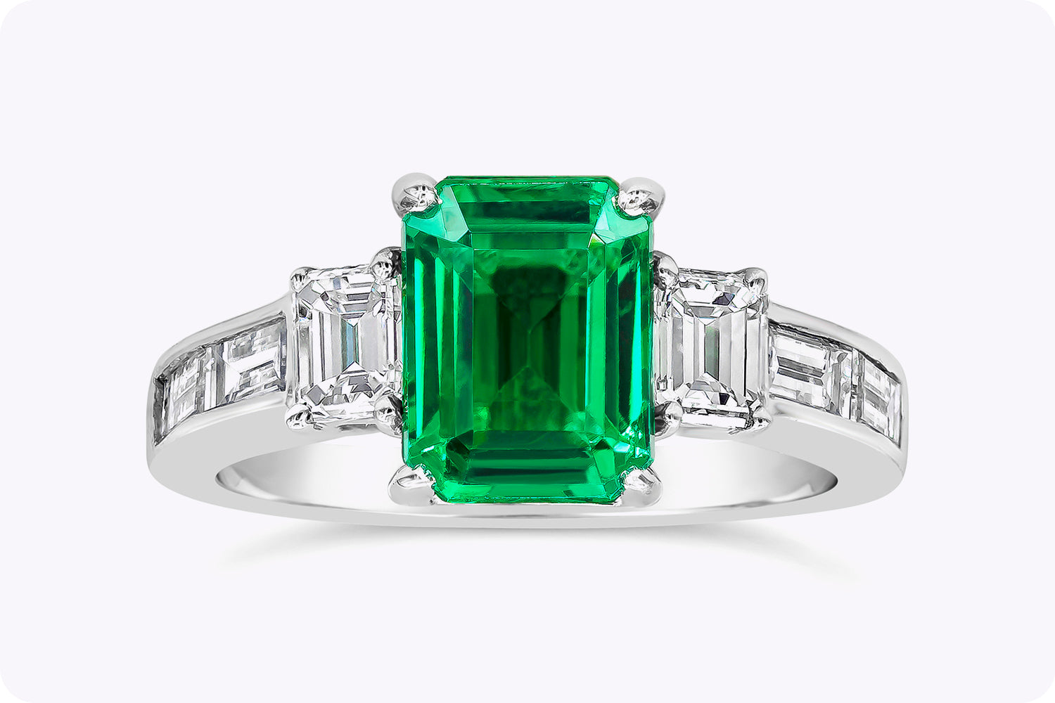 1.66 Carats Emerald Cut Emerald & Diamond Three-Stone Engagement Ring in White Gold