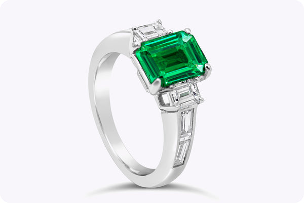 1.66 Carats Emerald Cut Emerald & Diamond Three-Stone Engagement Ring in White Gold