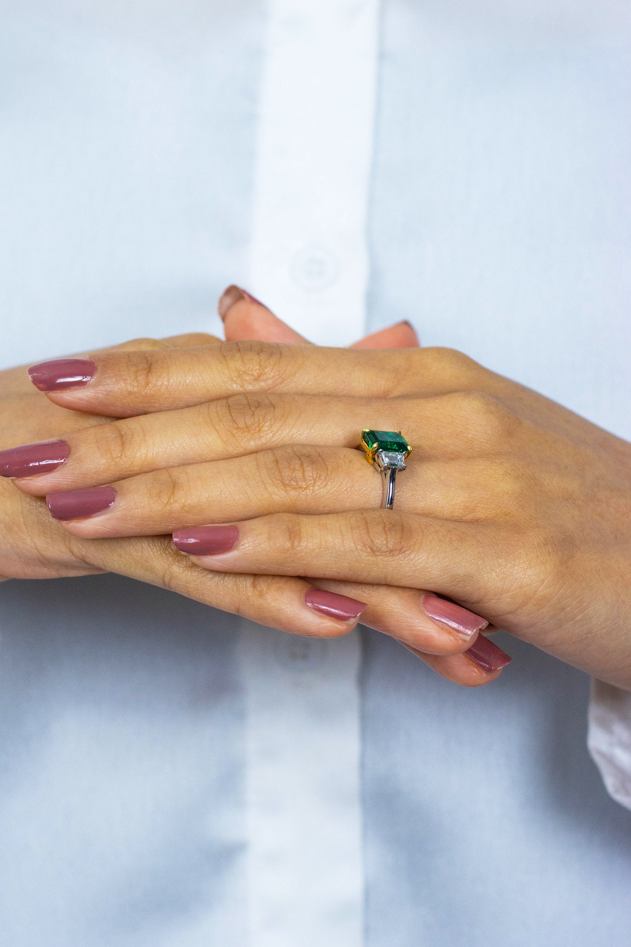 2.14 Carats Emerald Cut Emerald & Diamond Three-Stone Engagement Ring in Yellow Gold & Platinum