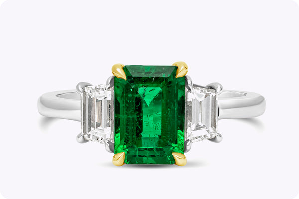 2.14 Carats Emerald Cut Emerald & Diamond Three-Stone Engagement Ring in Yellow Gold & Platinum