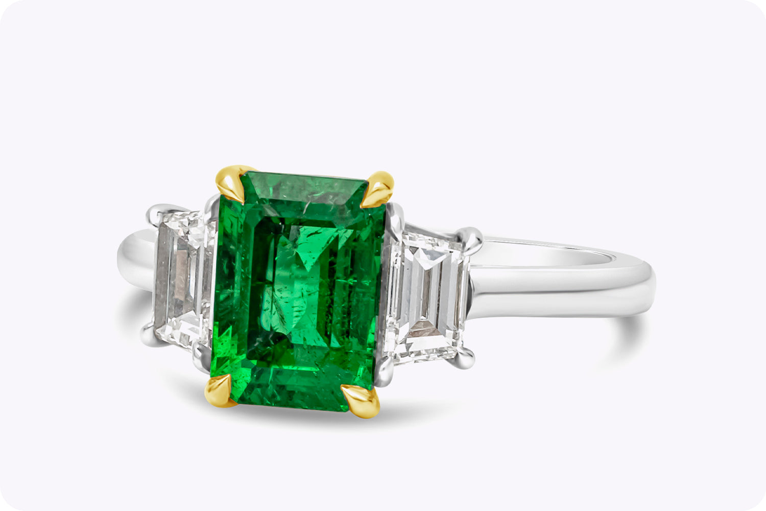 2.14 Carats Emerald Cut Emerald & Diamond Three-Stone Engagement Ring in Yellow Gold & Platinum