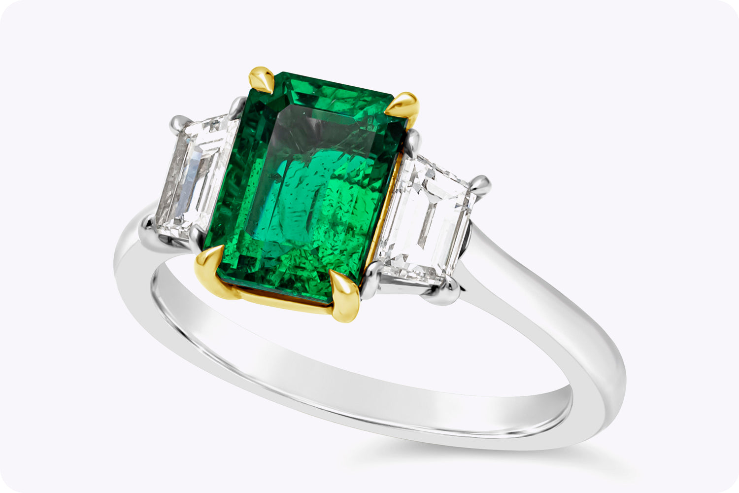 2.14 Carats Emerald Cut Emerald & Diamond Three-Stone Engagement Ring in Yellow Gold & Platinum