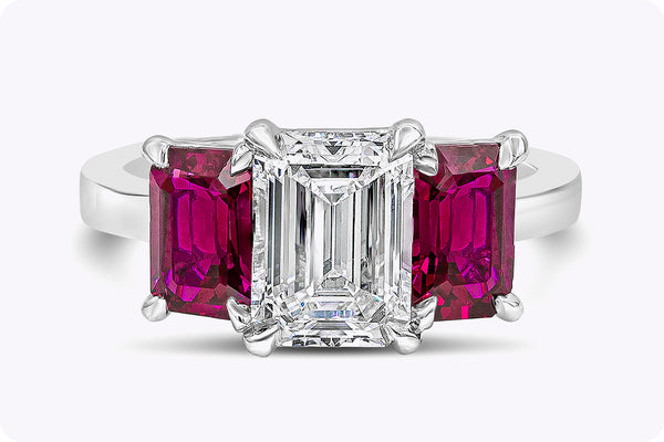 GIA Certified 1.62 Carats Emerald Cut Diamond & Ruby Three-Stone Engagement Ring in Platinum