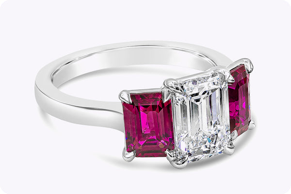 GIA Certified 1.62 Carats Emerald Cut Diamond & Ruby Three-Stone Engagement Ring in Platinum