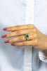 3.16 Carats Emerald Cut Green Emerald with Diamond Three-Stone Engagement Ring in Platinum