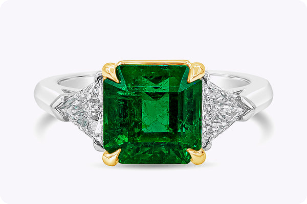 3.16 Carats Emerald Cut Emerald & Diamond Three-Stone Engagement Ring in Yellow Gold & Platinum