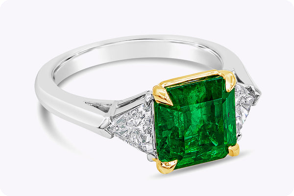 3.16 Carats Emerald Cut Emerald & Diamond Three-Stone Engagement Ring in Yellow Gold & Platinum