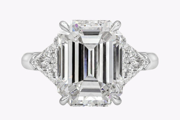 GIA Certified 5.46 Carats Emerald Cut Diamond Three-Stone Engagement Ring in Platinum