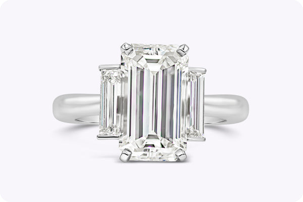GIA Certified 4.62 Carat Emerald-Cut Diamond Three-Stone Engagement Ring in Platinum