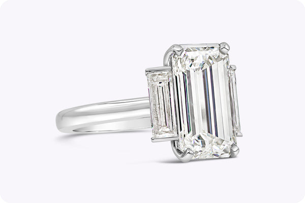 GIA Certified 4.62 Carat Emerald-Cut Diamond Three-Stone Engagement Ring in Platinum