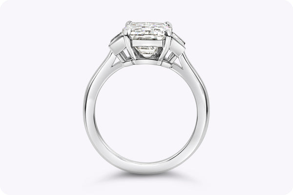 GIA Certified 4.62 Carat Emerald-Cut Diamond Three-Stone Engagement Ring in Platinum