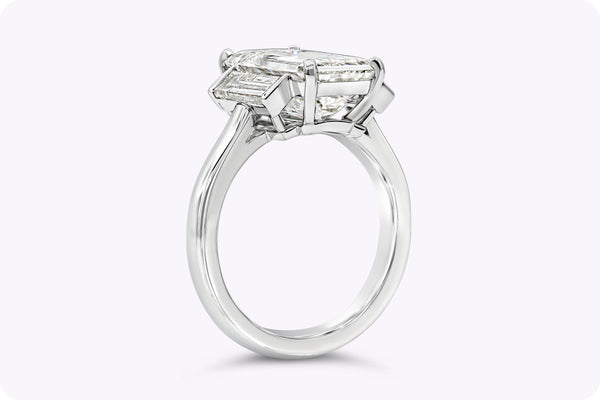 GIA Certified 4.62 Carat Emerald-Cut Diamond Three-Stone Engagement Ring in Platinum