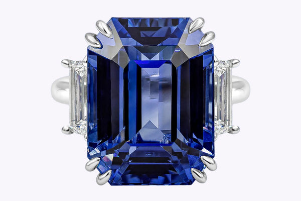 26.14 Carats Emerald Cut Ceylon Blue Sapphire & Diamond Three-Stone Engagement Ring in Platinum