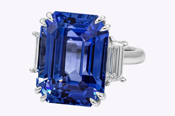 26.14 Carats Emerald Cut Ceylon Blue Sapphire & Diamond Three-Stone Engagement Ring in Platinum