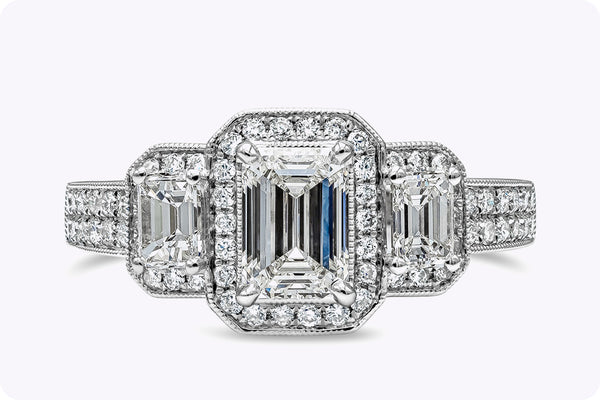 GIA Certified 0.75 Carat Emerald Cut Diamond Three-Stone Halo Engagement Ring in White Gold