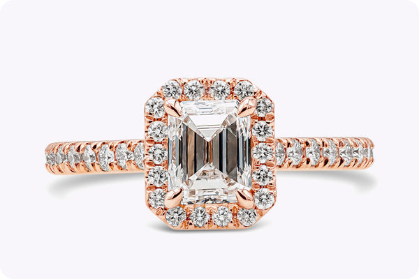 GIA Certified 1.01 Carats Emerald Cut Diamond Halo Engagement Ring in Rose Gold